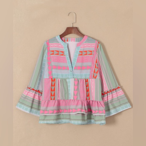 Multicolor V-Neck Boho bohemian tribal Aztec Geometric Print Ruffle Blouse - Picture 4 of 5